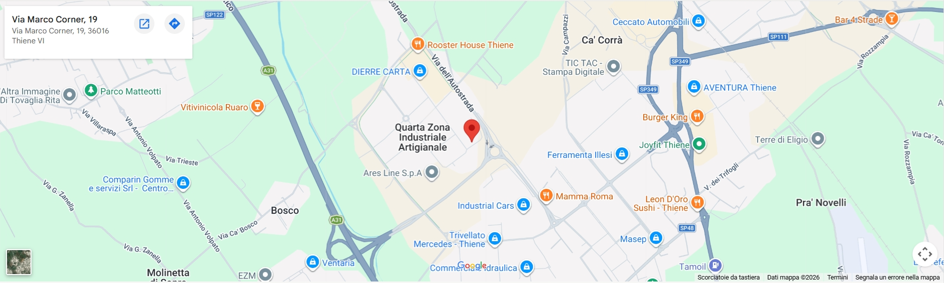 Mappa sede Cappa Impianti — Via Marco Corner 19, Thiene (VI)